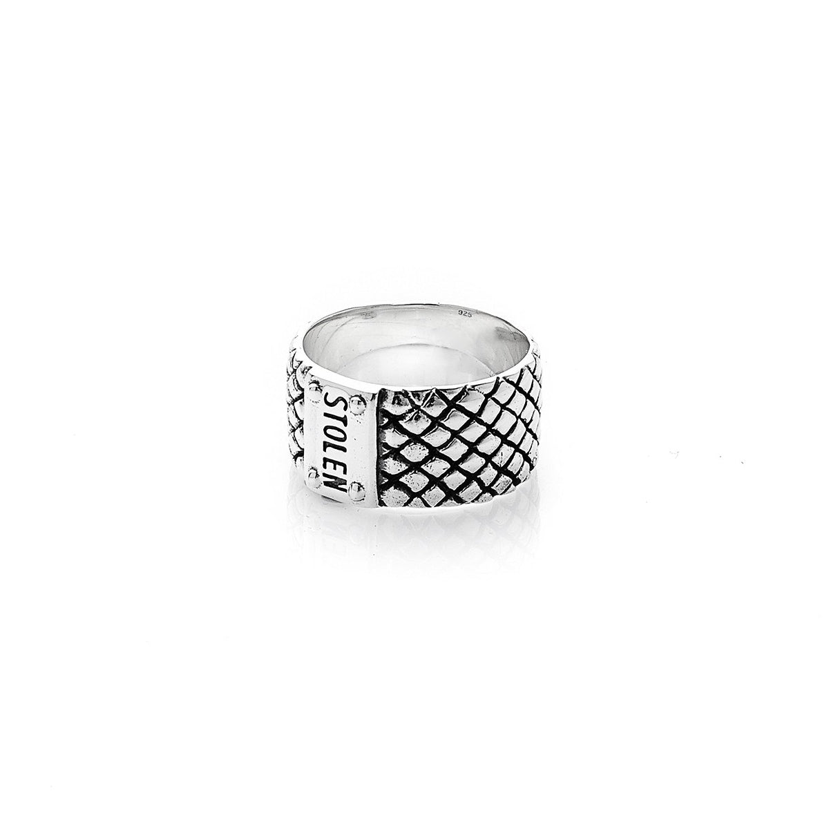 STOLEN GIRLFRIENDS CLUB SNAKE BAND WIDE RING  The Stolen Girlfriends Club Snake Band Wide Ring is a edgy textured ring, featuring a snake skin pattern around the outer ring, finished with a signature 'STOLEN' branded plaque. Simple, edgy and stylish, wear The Stolen Girlfriends Club Snake Band Wide Ring daily or for your chosen occasion.  