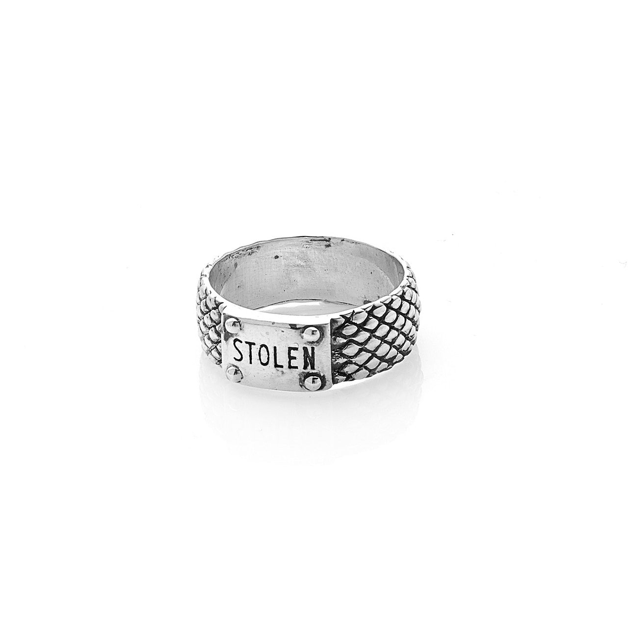 STOLEN GIRLFRIENDS CLUB SNAKE BAND SKINNY RING  The Stolen Girlfriends Club Snake Band Skinny Ring is a edgy textured ring, featuring a snake skin pattern around the outer ring, finished with a signature 'STOLEN' branded plaque. Simple, edgy and stylish, wear The Stolen Girlfriends Club Snake Band Skinny Ring daily or for your chosen occasion.  