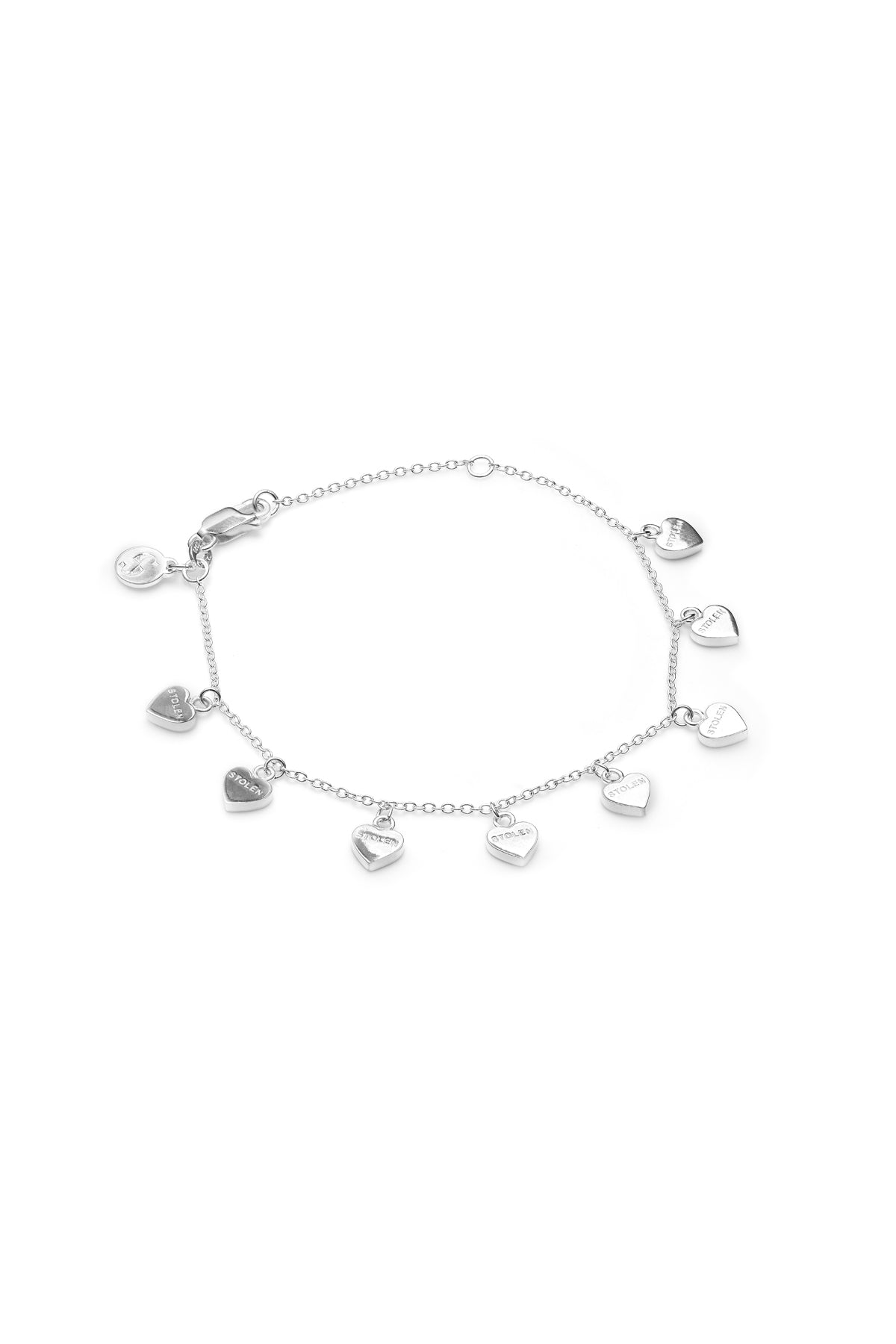 STOLEN GIRLFRIENDS CLUB STOLEN HEART BRACELET  The Stolen Girlfriends Club Stolen Heart Bracelet is a delicate bracelet featuring eight mini hearts, all connected to the fine chain in a hanging charm style, closing with a thick clasp. Layer with other Stolen bracelets, or alone for some simple sophistication.      19cm chain length      High polished sterling silver     Comes in a Stolen Girlfriends Club jewellery box