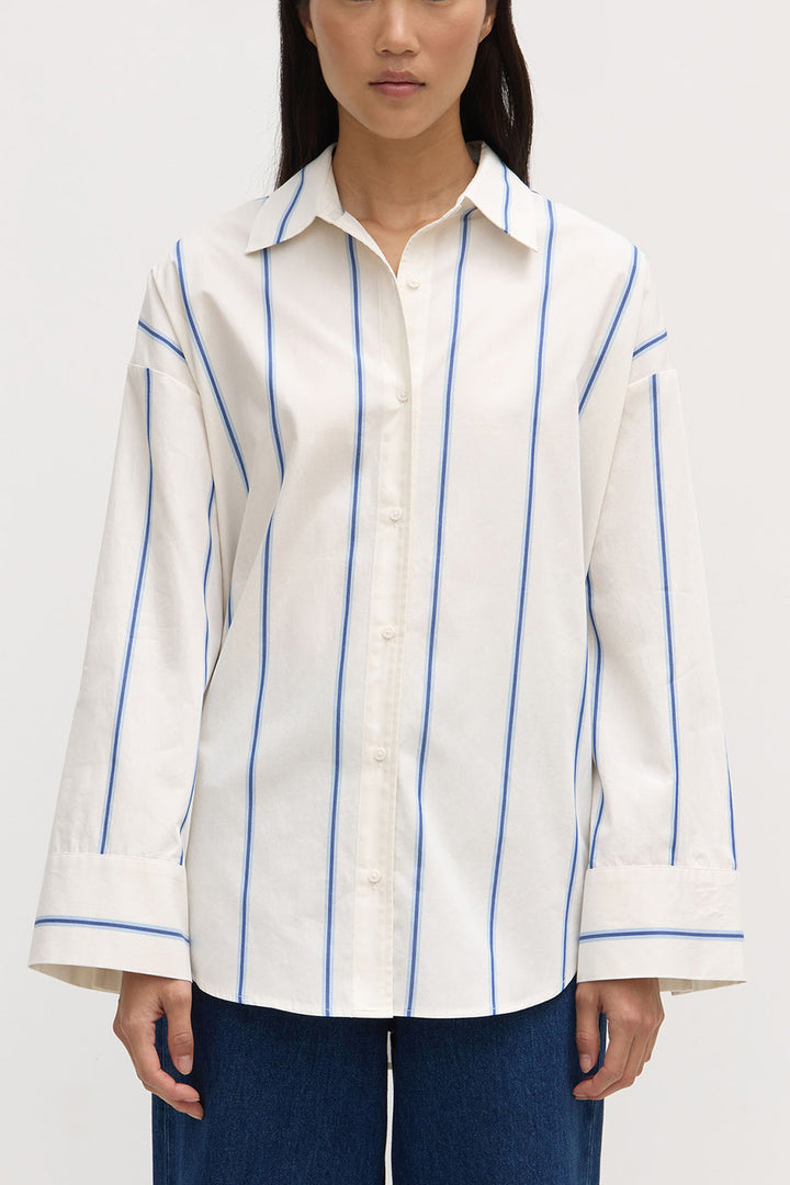 Assembly Label Addie Poplin Stripe Long Sleeve Shirt | White/Ultramarine