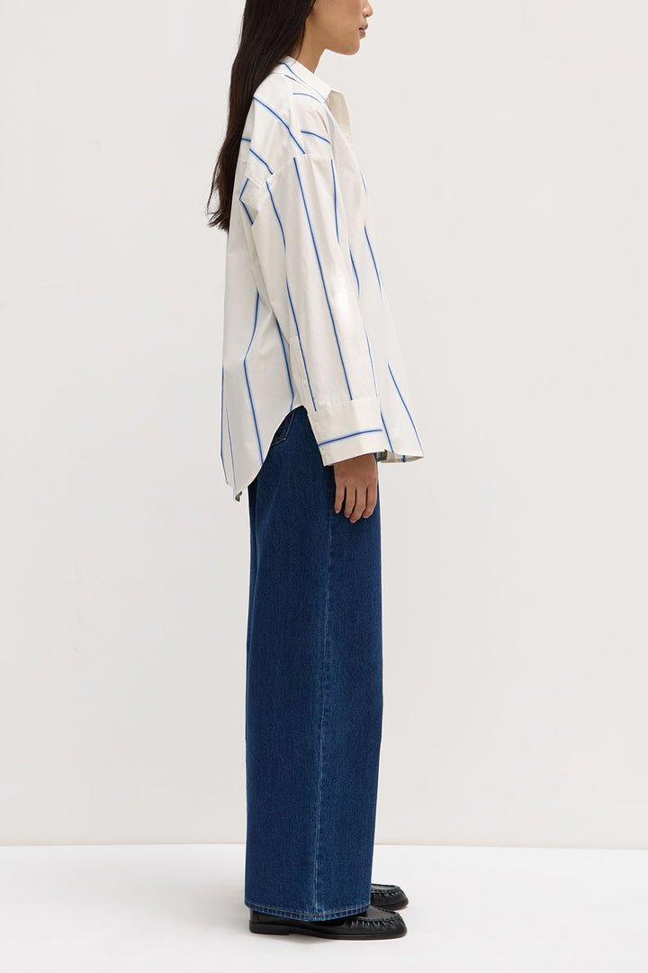 Assembly Label Addie Poplin Stripe Long Sleeve Shirt | White/Ultramarine