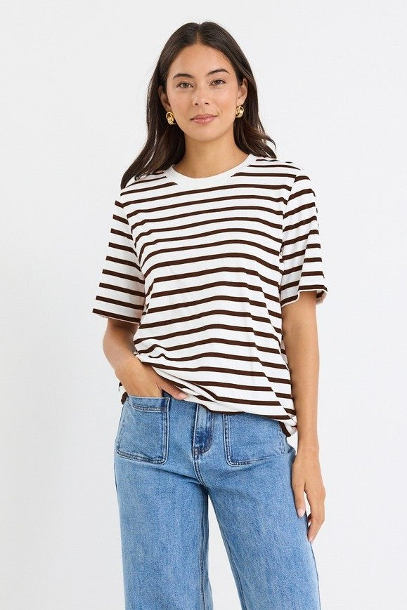 Reunion Label Binding Boxy Tee | Chocolate Stripe