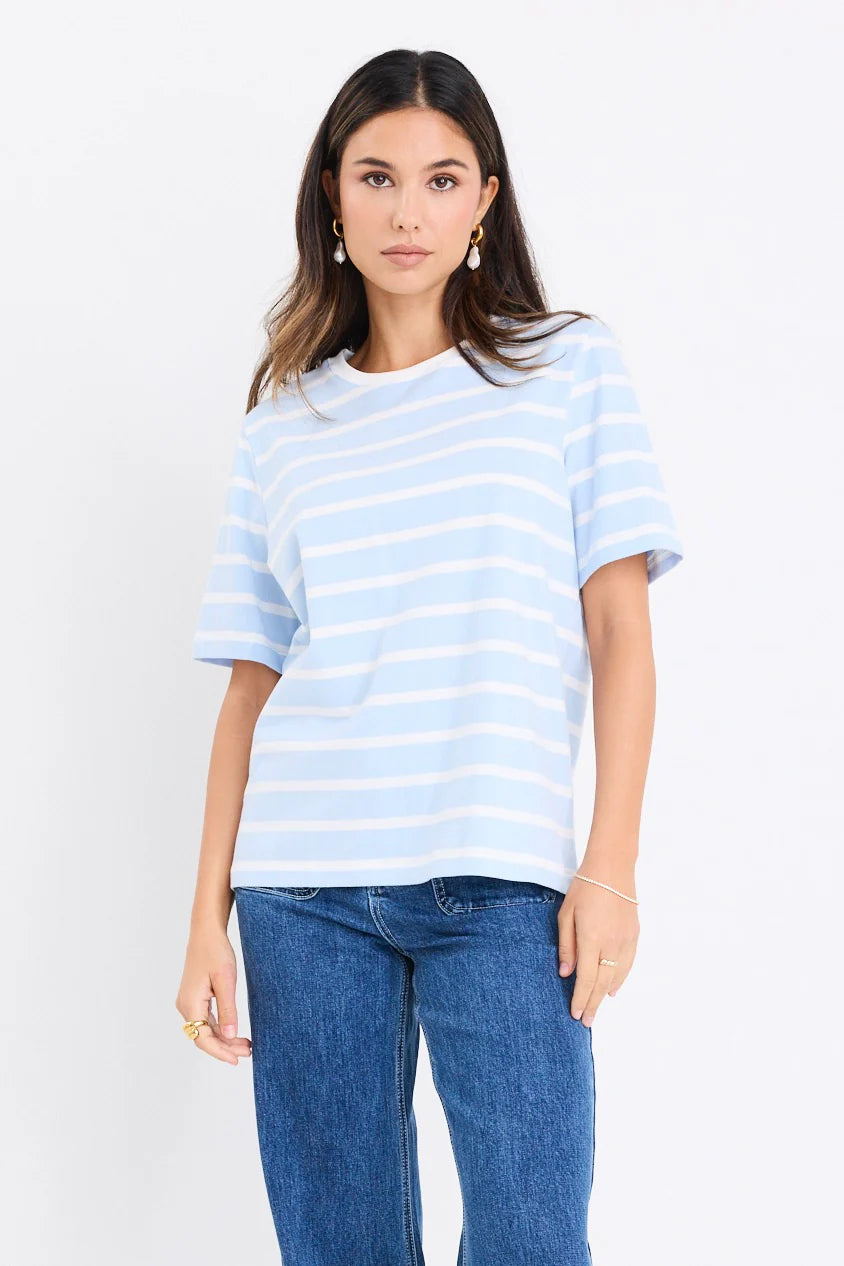 Reunion Label Binding Boxy Tee | Pale Blue & White Stripe