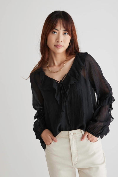 The Daily Sheer Textured Frill Top is available in classic black. It features a stunning neckline with frill and a tie details and lovely frill sleeves to match. A great wardrobe staple for when you just aren't sure what to wear !  Frill details Tie v neckline 90% Tencel, 10% Polyester