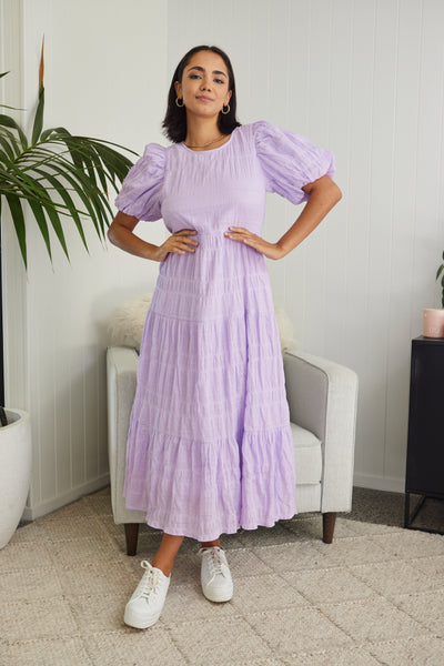 Ivy + Jack Graceful Lilac Shirred Cotton Bubble Sleeve Tiered Maxi Dress - Purple