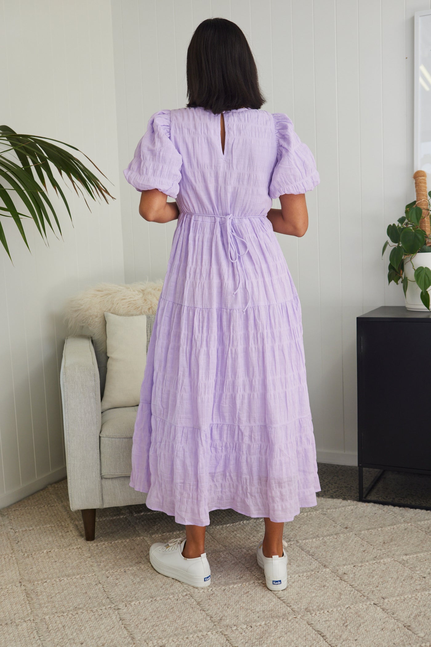 Ivy + Jack Graceful Lilac Shirred Cotton Bubble Sleeve Tiered Maxi Dress - Purple