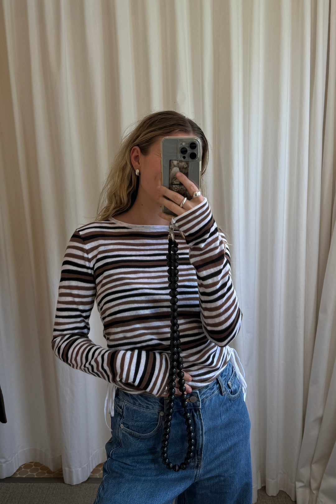 Zulu & Zephyr Gathered Long Sleeve Knit Top | Black Stripe