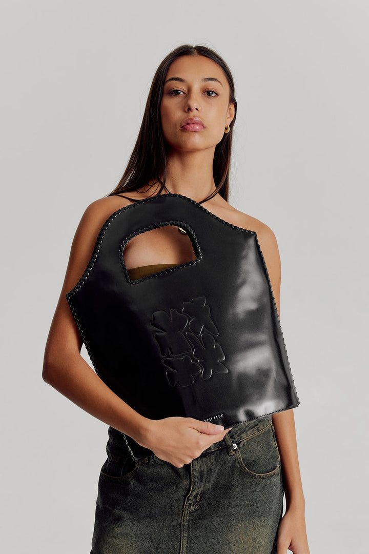 Brie Leon Daphne Bucket Bag | Black Semi Patent