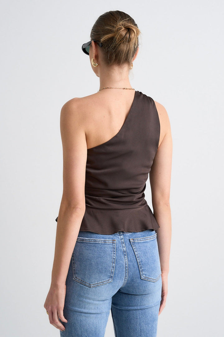 Among The Brave Fairytale One Shoulder Top | Espresso Satin