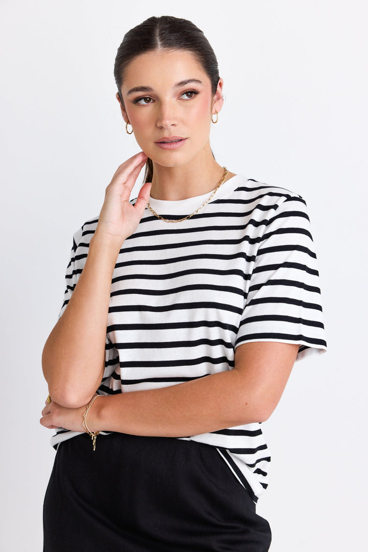 Reunion Label Binding Boxy Fit Tee | Black & White Stripe