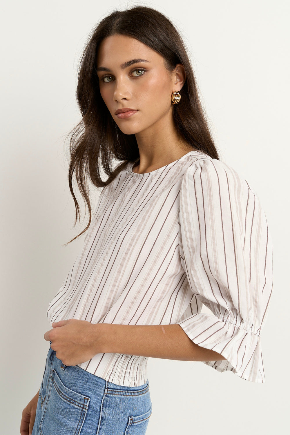 Ivy + Jack Lovely Shirred Top | Chocolate Stripe