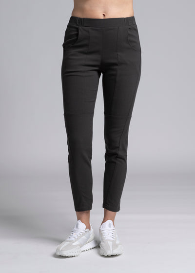 The Section pant features fabulous spliced detailing. They feature a flattering flat front, elasticated back and have side pockets. The section pant is an everyday style that will take you from work to leisure. They are a cropped length and finish above the ankle.      Viscose, spandex & polyester