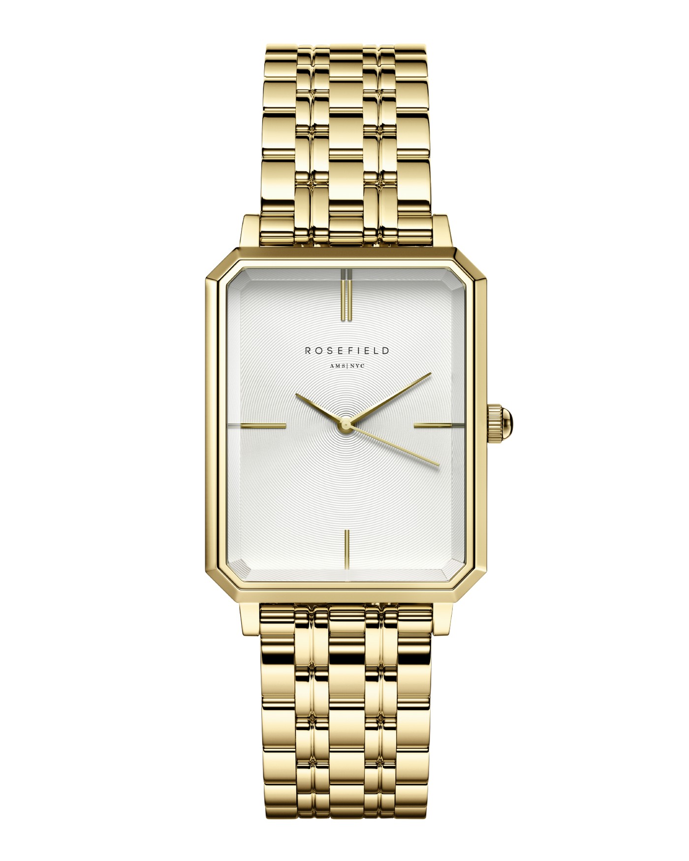 The Octagon is Rosefield's newest collection of modern watches – an instant classic. The rare octagonal face shape and polished 5-link bracelet recall 1920s elegance, redefining the watch as fashion accessory.      23K gold-plated Stainless steel - Gold     Water resistance 3 ATM