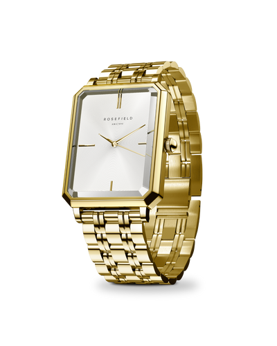The Octagon is Rosefield's newest collection of modern watches – an instant classic. The rare octagonal face shape and polished 5-link bracelet recall 1920s elegance, redefining the watch as fashion accessory.      23K gold-plated Stainless steel - Gold     Water resistance 3 ATM