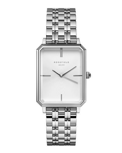 The Octagon is Rosefield's newest collection of modern watches – an instant classic. The rare octagonal face shape and polished 5-link bracelet recall 1920s elegance, redefining the watch as fashion accessory.      23K gold-plated Stainless steel - Silver     Water resistance3 ATM