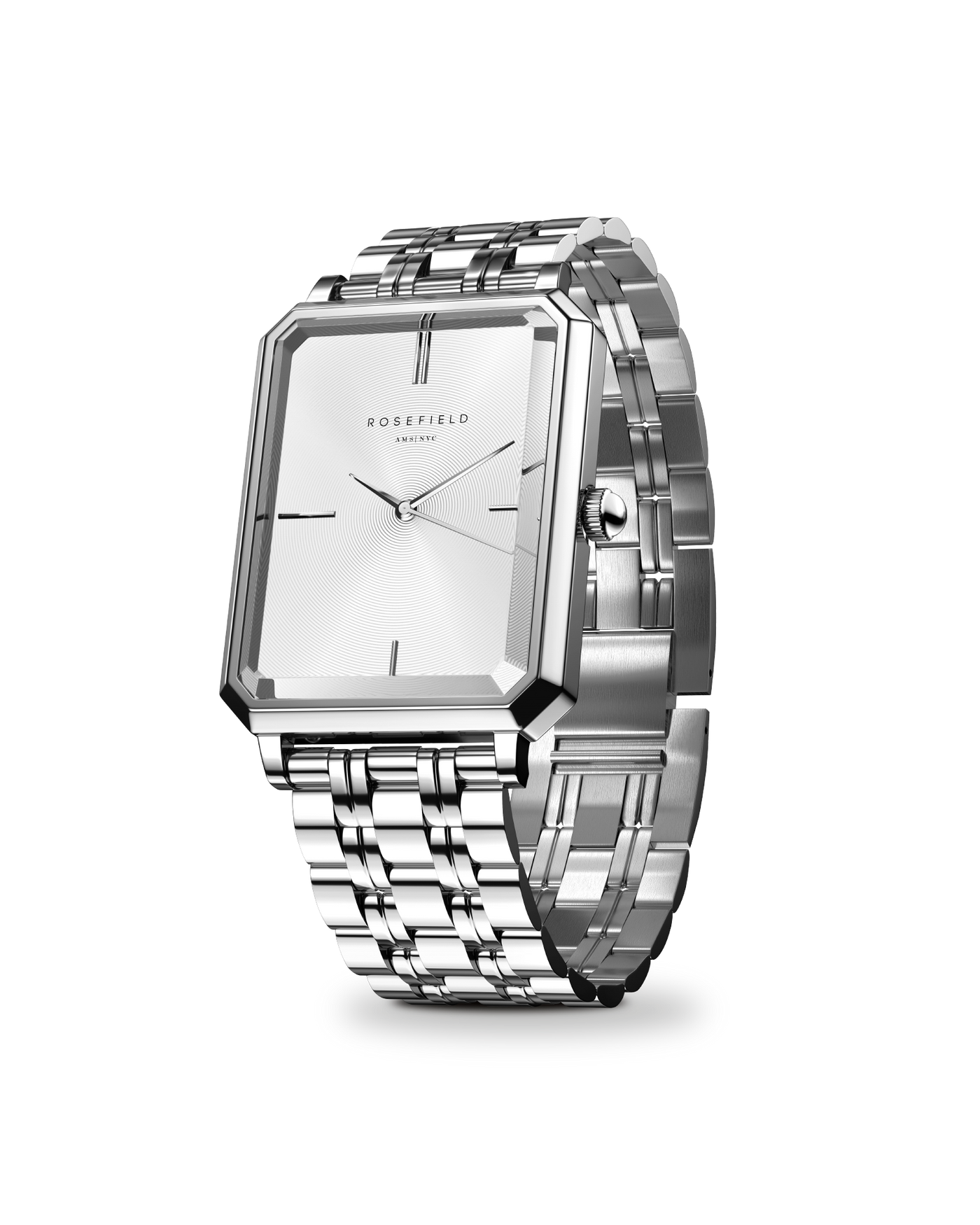 The Octagon is Rosefield's newest collection of modern watches – an instant classic. The rare octagonal face shape and polished 5-link bracelet recall 1920s elegance, redefining the watch as fashion accessory.      23K gold-plated Stainless steel - Silver     Water resistance3 ATM