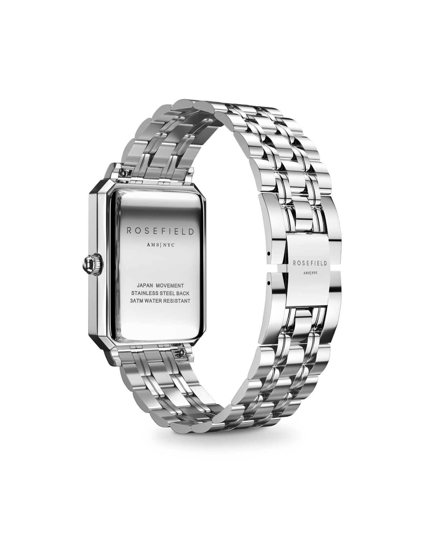 The Octagon is Rosefield's newest collection of modern watches – an instant classic. The rare octagonal face shape and polished 5-link bracelet recall 1920s elegance, redefining the watch as fashion accessory.      23K gold-plated Stainless steel - Silver     Water resistance3 ATM