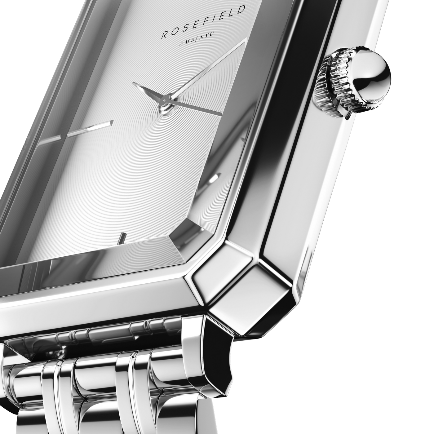 The Octagon is Rosefield's newest collection of modern watches – an instant classic. The rare octagonal face shape and polished 5-link bracelet recall 1920s elegance, redefining the watch as fashion accessory.      23K gold-plated Stainless steel - Silver     Water resistance3 ATM