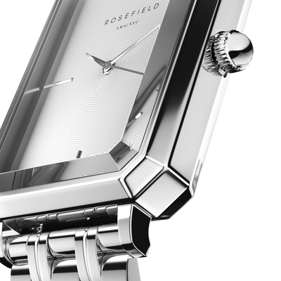 The Octagon is Rosefield's newest collection of modern watches – an instant classic. The rare octagonal face shape and polished 5-link bracelet recall 1920s elegance, redefining the watch as fashion accessory.      23K gold-plated Stainless steel - Silver     Water resistance3 ATM