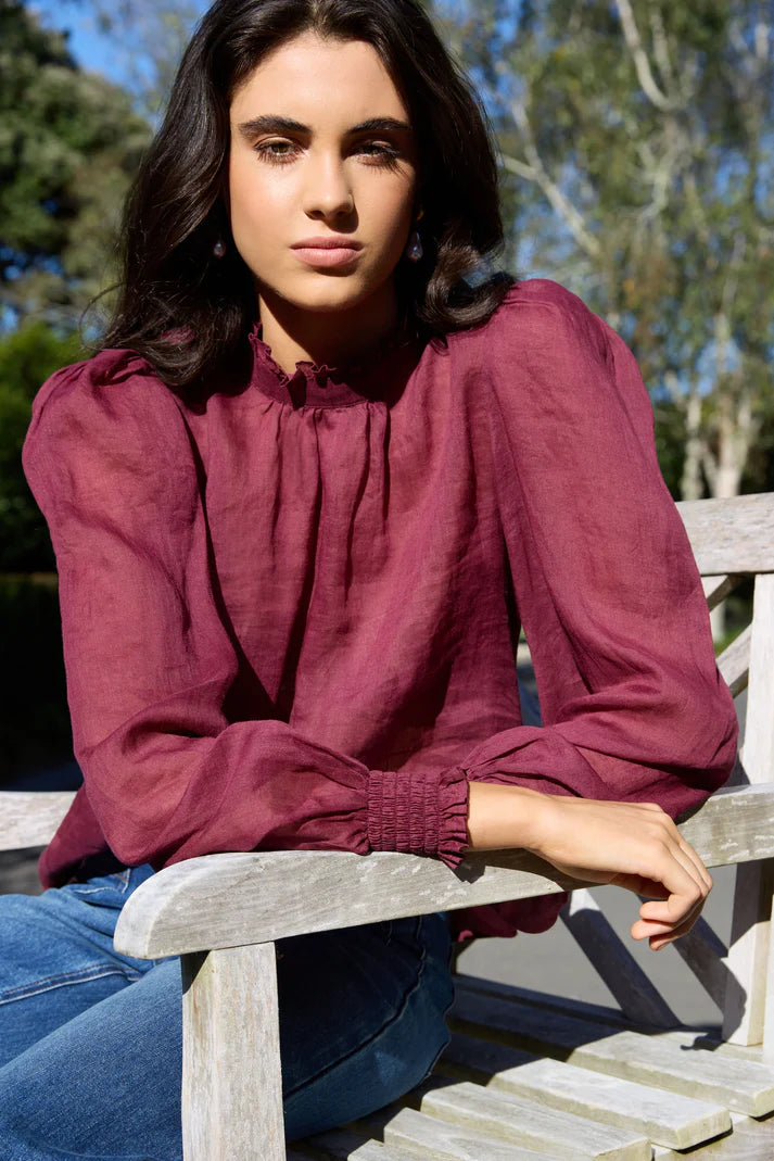 By Rosa Poet Sheer Long Sleeve Top | Burgundy Plum
