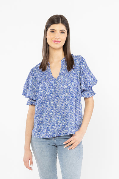 Seeking Lola Celebrate V Neck Top - Cobalt Trellis