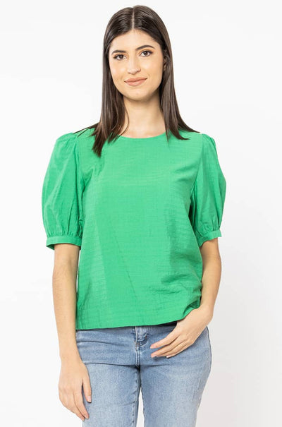 The Seeking Lola Choice Top is available in a stunning vibrant emerald colour and is crafted from a lovely textured fabric. It features slightly puffed sleeves, a crew neckline and is finished with shell buttons down the back of the top. Team the Choice Top back with your favourite denim or bottoms. 