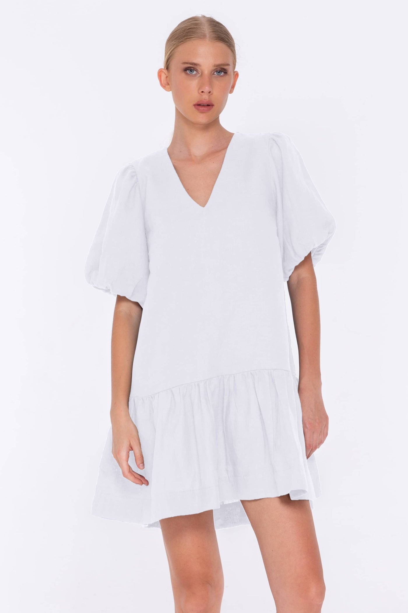 The linen Like Honey Dress will be your go to mini this summer, it features a deep v-neckline, short ballooned sleeves and a dropped waist into a gathered skirt.  White linen Mini Length Deep v-neckline Short ballooned sleeves Dropped waistline Gathered skirt