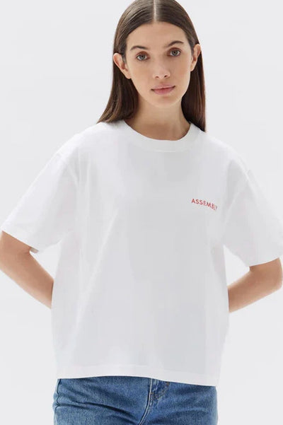Our Pax Logo Tee is made from 100% organic cotton jersey that has a substantial feel and holds its shape. This organic cotton tee features updated Assembly Label logo embroidery in a contrast colour and a classic crew neckline. Team it with everything from your favourite denim to tailored trousers. 100% cotton Relaxed fit Sizes 8,10,12,14
