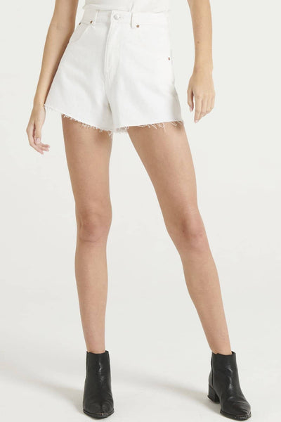 ROLLAS MIRAGE SHORT  The Rollas Mirage Shorts are now available in; Vintage White, and Stone Black. The Denim Shorts are easy-to-wear relaxed fitting mini shorts, with a high-rise waist.  The Mirage Shorts feature five classic pockets, finished with raw hemlines, subtle washing, and a signature 'Rolla's' tag on the back pocket to finish.