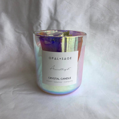 OPAL + SAGE DREAM JAR CANDLE  The Opal + Sage Dream Jar Candles are scented candles, decorated with a crystal and botanical petals; now available in; Rose Quartz and Amethyst.  The Opal + Sage Dream Jar Candles is a luxury soy candle, which has a lustre effect once lit and is a great addition to any room, they also make wonderful gifts.  The Opal + Sage Rose Quartz Candle comes in an iridescent glass container and was hand poured with love in Mapua New Zealand. 