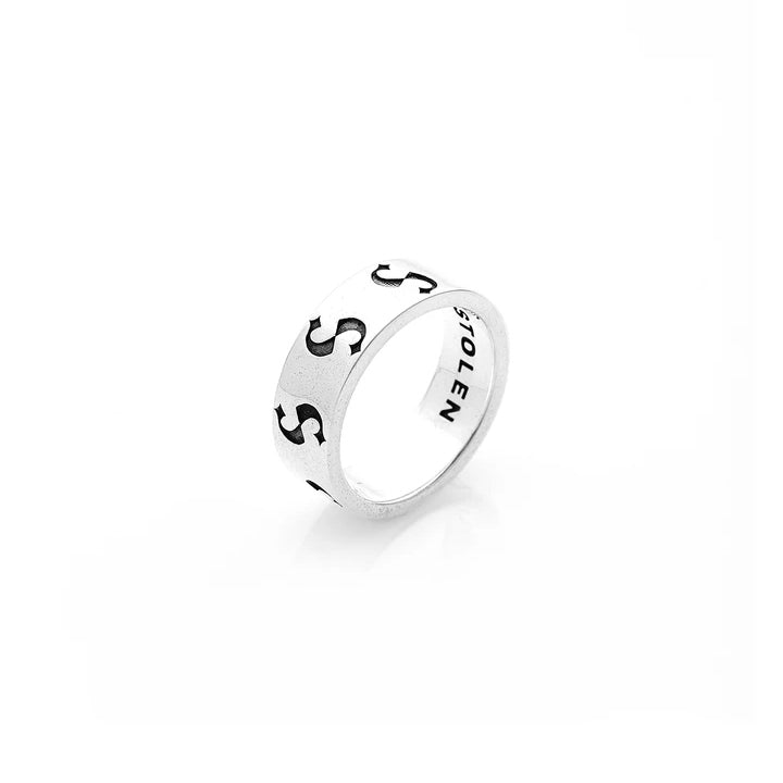 STOLEN GIRLFRIENDS CLUB S-LOGO IMPRINT BAND NARROW  The Stolen Girlfriends Club S-Logo Imprint band is available in a narrow cut, and features oxidised black out signature 'Stolen S's' around the outer band, and matching oxidised blaked out 'STOLEN' on the inner band. 