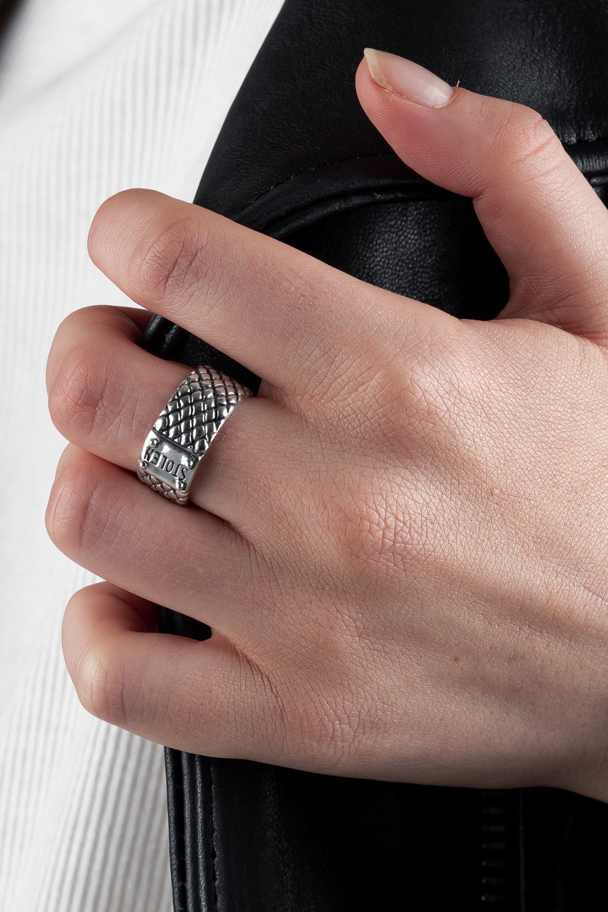 STOLEN GIRLFRIENDS CLUB SNAKE BAND WIDE RING  The Stolen Girlfriends Club Snake Band Wide Ring is a edgy textured ring, featuring a snake skin pattern around the outer ring, finished with a signature 'STOLEN' branded plaque. Simple, edgy and stylish, wear The Stolen Girlfriends Club Snake Band Wide Ring daily or for your chosen occasion.  