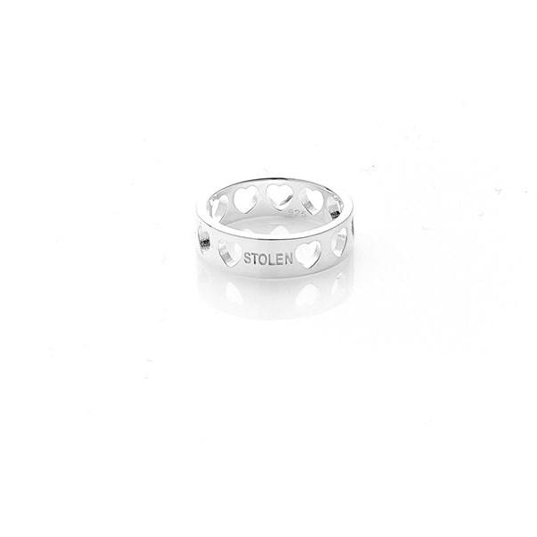 STOLEN GIRLFRIENDS CLUB HEARTLESS BAND RING  The Stolen Girlfriends Club Heartless Band Ring is perfect for those who love edgy jewellery.  Crafted in 925 Sterling Silver, The Heartless Band Ring features a thick banded ring that has heart cut outs throughout with the 'stolen' logo at the center face of the ring.   925 sterling silver 