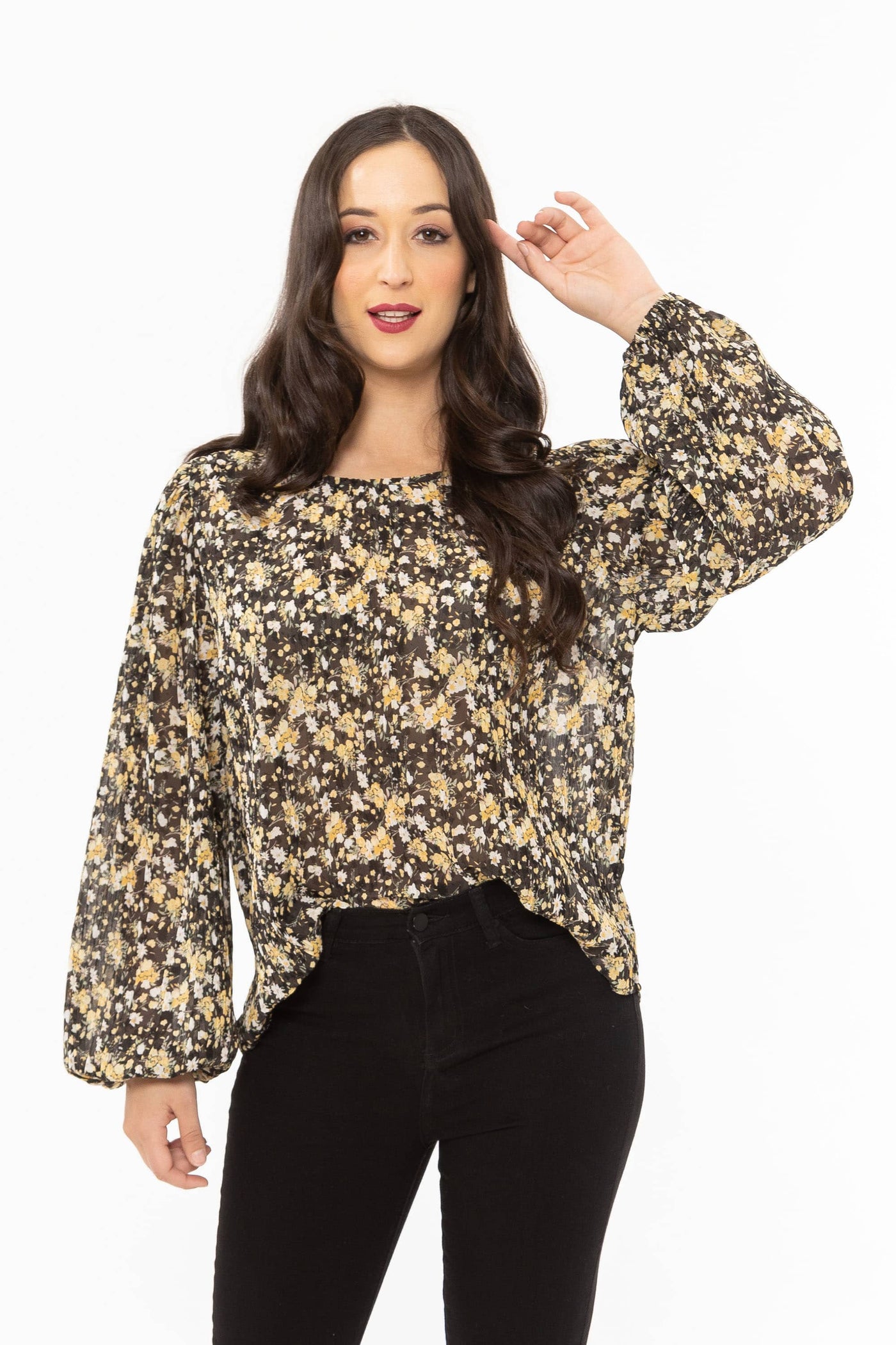 The Carefree Top is available in this lovely soft yellow and black floral print. It is a boxy style fit with bell sleeves finished with elasticated cuffs. This crinkle fabric can be worn day or night.   100% polyester crinkle fabric elasticated cuffs bell sleeves  generous fit