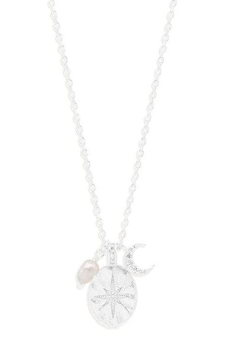 BY CHARLOTTE DREAM WEAVER NECKLACE  The By Charlotte Dream Weaver Necklace is available in Sterling Silver.  This delicate necklace weaves together the serenity of the Freshwater Pearl, a sparkling crescent Moon for new beginnings, and a crystal encrusted Star pendant for celestial guidance. 