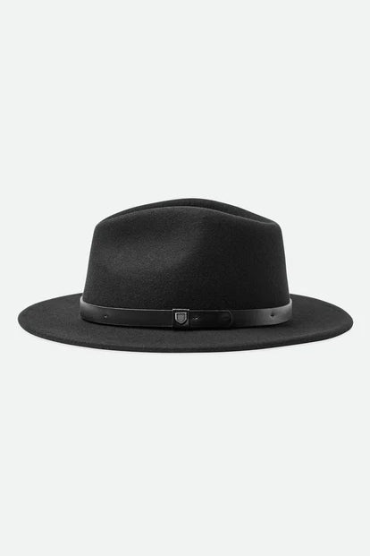 BRIXTON MESSER FEDORA - BLACK/BLACK  The Brixton Messer Fedora is an updated version of the classic fedora, now available in Black/Black.