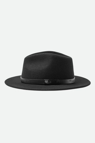 BRIXTON MESSER FEDORA - BLACK/BLACK  The Brixton Messer Fedora is an updated version of the classic fedora, now available in Black/Black.
