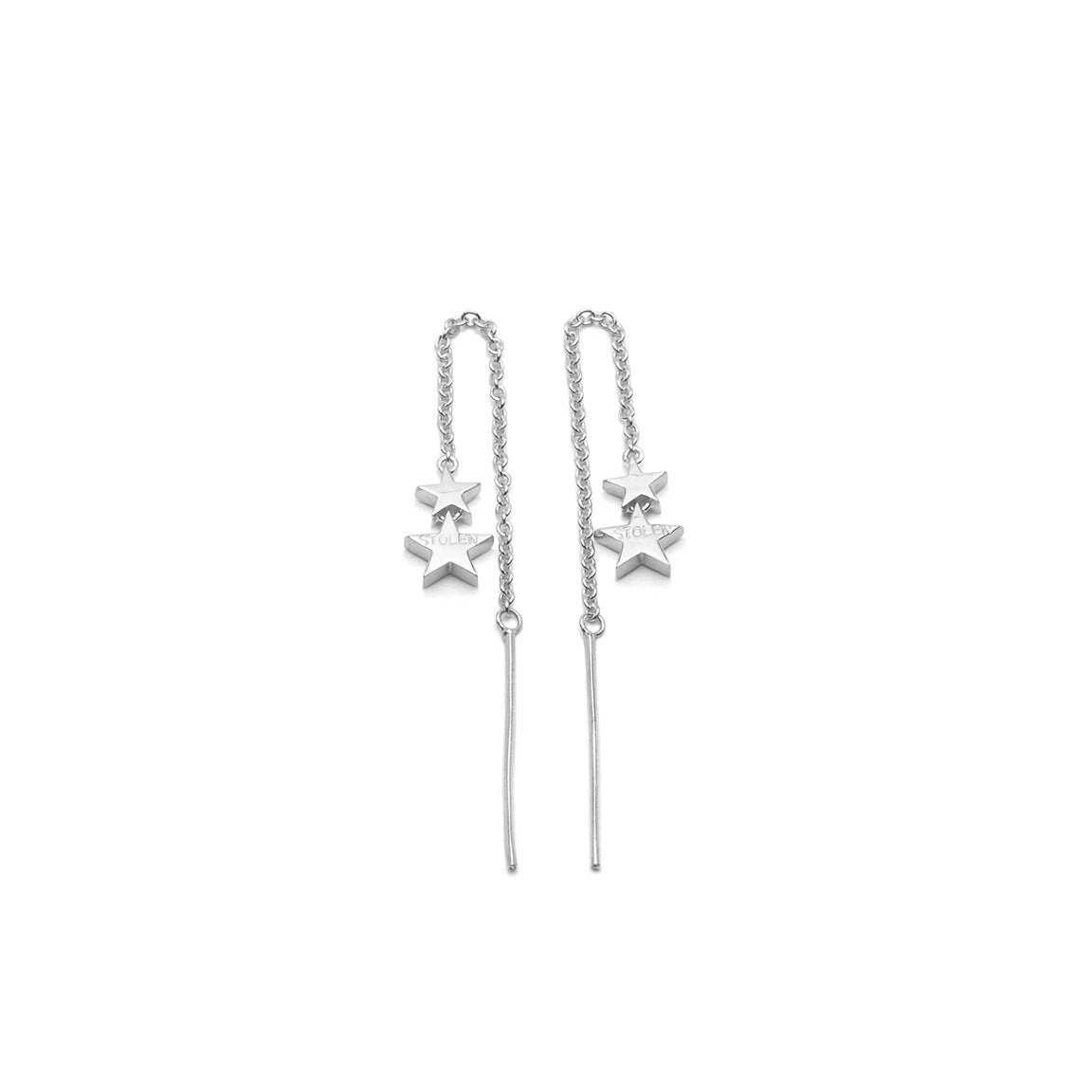 STOLEN GIRLFRIENDS CLUB FALLING STOLEN STAR EARRINGS  The Stolen Girlfriends Club Stolen Star Earrings are a thread style. Both earrings feature the word "STOLEN" engraved on a high gloss sterling silver star at each end, each with a smaller blank star above. They are a simple dainty