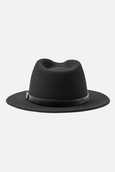 BRIXTON MESSER FEDORA - BLACK/BLACK  The Brixton Messer Fedora is an updated version of the classic fedora, now available in Black/Black.