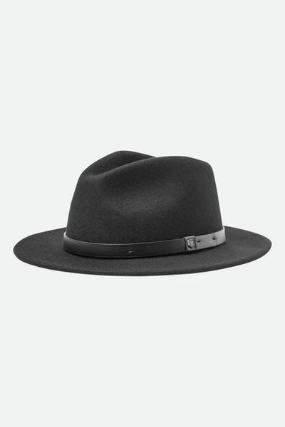 BRIXTON MESSER FEDORA - BLACK/BLACK  The Brixton Messer Fedora is an updated version of the classic fedora, now available in Black/Black.