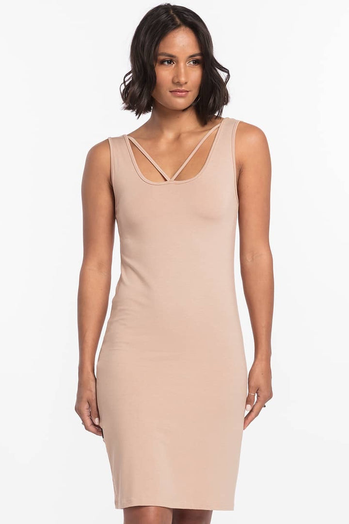 NES MID LATTICE SLIP  The Nes Mid Lattice Slip is a wardrobe essential.  The Mid Lattice slip is crafted in a soft viscose blend and features strap detailing which can be worn at either the front or back.  The Mid Lattice slip is a longer updated take on the classic Nes Lattice Singlet we all know and love, this new length is ideal for shorter dresses  The Nes Lattice slip looks great worn alone or is the perfect layering piece for under your sheer dresses.
