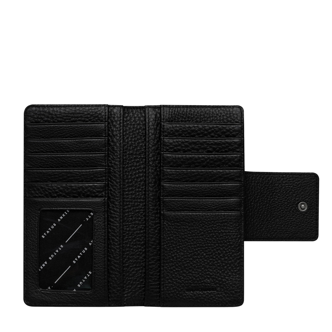 STATUS ANXIETY RUINS WALLET   The Status Anxiety Ruins Wallet is an easy-to-carry wallet, with a slim silhouette and profile, making it perfect for daily use and any outfit. The Ruins Wallet features a oversized clip clasp to close, with a large external coin pocket, and plenty of internal card slots, and individual bank note spaces. The outside zipper section makes for easy access to your cash without having to open the main section of the wallet.