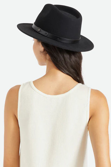 BRIXTON MESSER FEDORA - BLACK/BLACK  The Brixton Messer Fedora is an updated version of the classic fedora, now available in Black/Black.